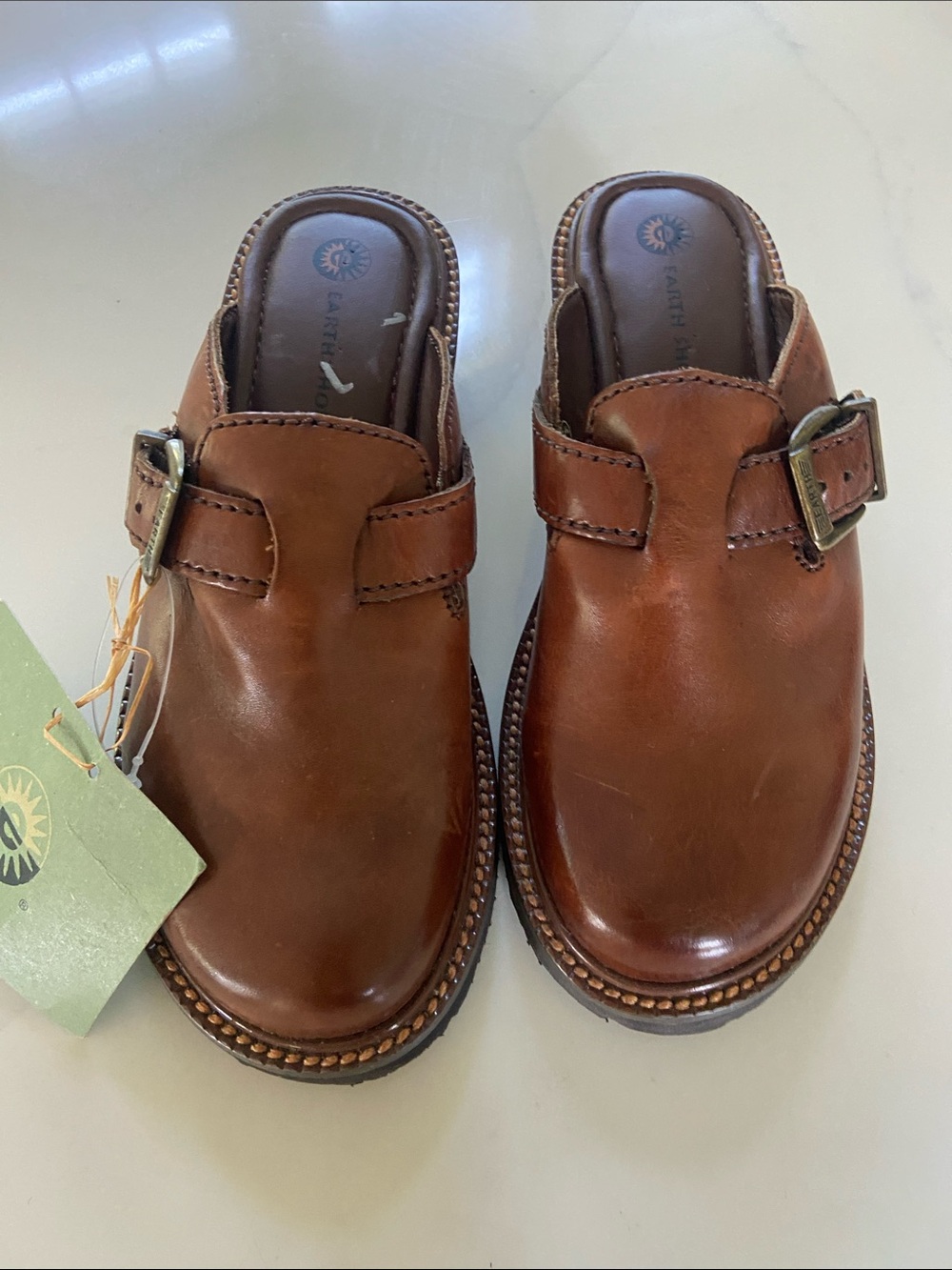 Earth Origins Men’s Tan Brown Leather Slip-On Clogs with Buckle